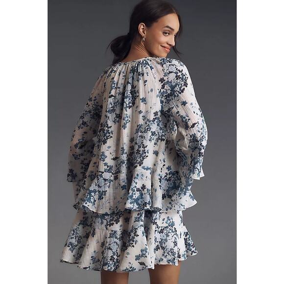 Anthropologie Maeve Long-Sleeve V-Neck Mini Swing Dress Blue Floral Medium New - Picture 3 of 10
